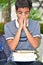 Ashamed Young Boy Student With Notebooks