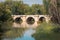 Ashlar stone medieval bridge, puente mayor, crossing rio carrion, in autumn. Palencia, Spain