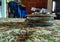 Ashtray on wooden table on a farm