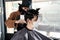 Asia Barber Shop Hair cut queueing customer`s wearing face mask prevention business reopening