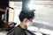 Asia Barber Shop Hair cut queueing customer`s wearing face mask prevention business reopening