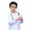 Asia boy wearing a medical suite and glasses and place doctor stethoscope on his neck. A boy holding syringe and press it.