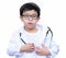 Asia boy wearing a medical suite and glasses and place doctor stethoscope on his neck. A boy used a stethoscope and touch his