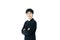 Asia businessman with black suit and black necktie has smiling i