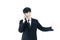 Asia businessman with black suit and black necktie has talking b