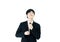 Asia businessman with black suit and black necktie isolated on w