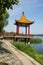 Asia China, Beijing, Jianhe Park, Pavilion,Wood railings
