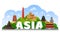 Asia detailed poster. Travel composition with famous asian landmarks and big volumetric letters.