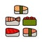 Asia food icon set with sushi rolls sashimi noodle