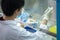 Asia scientist wears a glove and lab coat used a micropipette and transfer sample into a tube in the biosafety hood. People in the