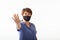 Asia woman aseptic medical mask protected on her face, hands, stopped without signs. Air pollution, viruses, show stop hands gestu