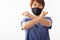 Asia woman aseptic medical mask protected on her face, hands, stopped without signs. Air pollution, viruses, show stop hands gestu