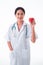 Asia Women Doctor, with stethoscope holding red heart isolated on white background.