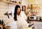 Asia young woman smile portrait and cooking food at home.