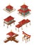 Asian architecture isometric. Traditional chinese and japan houses buildings roof vector 3d illustrations