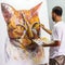 An Asian artist paint portrait ginger cat on white canvas