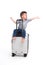 Asian baby boy sitting travel bag or suitcase isolated on white background,
