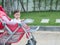 Asian baby girl smiling and look joyful sitting in stroller.