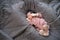 Asian baby infant wearing gloves and socks sleeping on gray bed. studio shot.