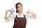 Asian barista girl thumbs up with coffee Moka pot