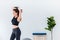 Asian beautiful women warm up and  play yoga and stretch body before exercise on white wall background with copy space.Exercise