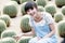 Asian beauty in cactus field