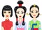 Asian beauty. Set of animation portraits of east girls in traditional clothes. Japan, Korea, China.
