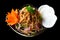 Asian beef salad with green papaya served with rice chips isolated on black background side view