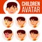 Asian Boy Avatar Set Kid Vector. Primary School. Face Emotions. School Student. Kiddy, Birth. Advertisement, Greeting