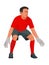 Asian boy figure of a junior football goalkeeper in a red shirt standing in front of the goal with legs bent waiting for