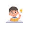 A Asian boy get an idea on the desk with a book and a bulb, illustration cartoon character vector design on white background. kid