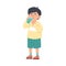 Asian boy holding glass of water and drinking from it, cartoon flat vector illustration. Cute little kid is thirsty.