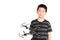 Asian boy holding hexacopter drone or quadrocopter toy in hand,