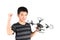 Asian boy holding hexacopter drone and radio remote control hand