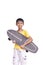 Asian boy holding a surfboards or surf skate is activity relaxing lifestyle on holiday on white background.