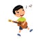 Asian boy playing guitar and singing song flat vector illustration.