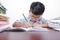 Asian boy studying seriously on a desk and white background