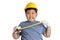 An Asian boy wants to be a mechanic, wear a yellow helmet and wear white gloves with a tape measure.