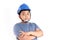 An Asian boy wears a blue helmet and wants to be an engineer.