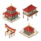 Asian buildings isometric. Chinese gate traditional japanese houses pagoda roof shintoism vector 3d architecture