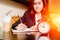 Asian Business girl working hours in cafe with time clock and coffee