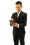 Asian business man looking and hand holding tablet device on white backgrounds