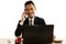 Asian business man smile and using smartphone and labtop computer on white backgrounds