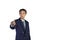 Asian business man wearing a suit point finger forward isolated on white background with copy space and clipping path select