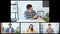 Asian business people, office coworkers on video online conference call, remote team meeting collage screen