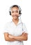 Asian business woman with headset smiling and looking at camera