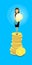 Asian Business Woman Stand On Coins Hold Light Bulb Success Idea Wealth Concept