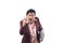 Asian businessman with finger front of face and say YES on white