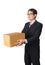Asian businessman giving and carrying parcel, cardboard box, iso