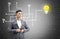 Asian businessman, questions and light bulb